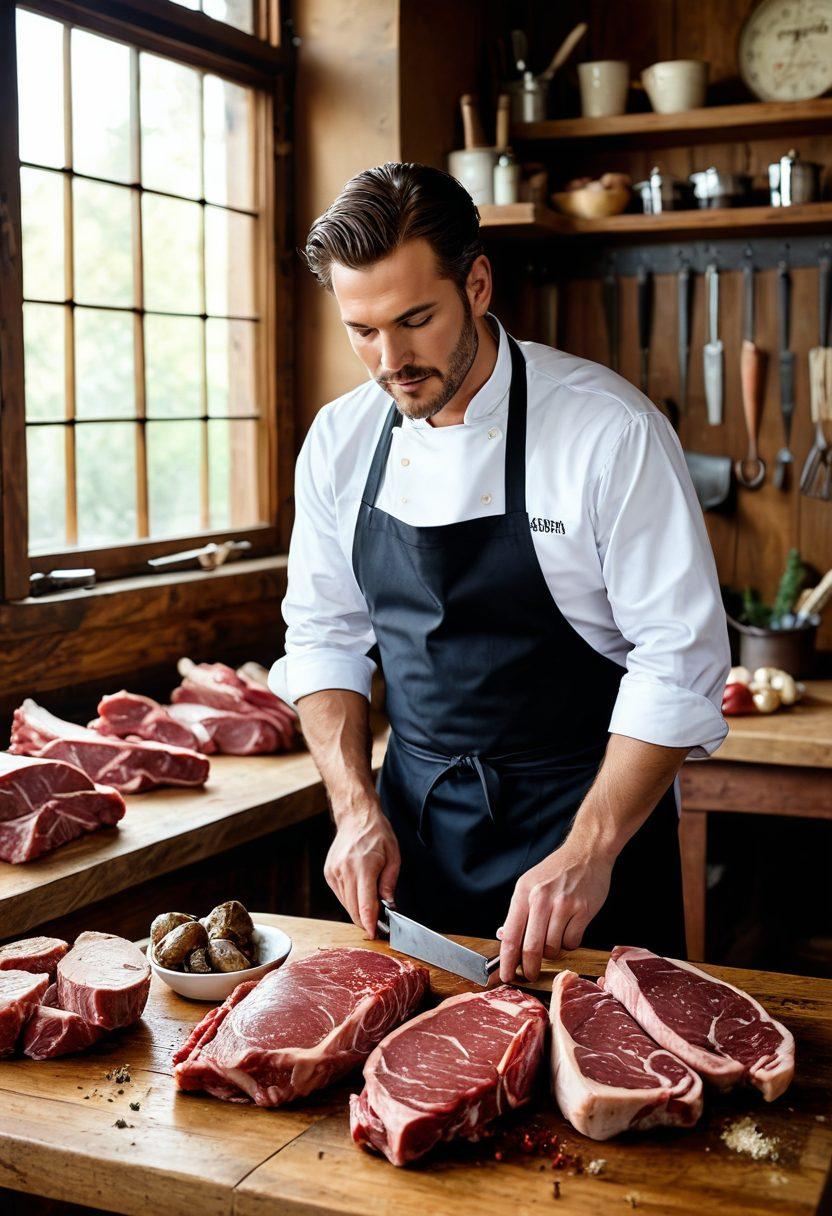 A skilled artisan butcher in a rustic workshop carefully crafting custom cuts of meat on a wooden table, surrounded by an array of premium meats and vintage butchery tools, with natural light streaming through a window. The butcher is wearing a classic white apron and a confident expression. painting style. warm, earthy tones. detailed textures.