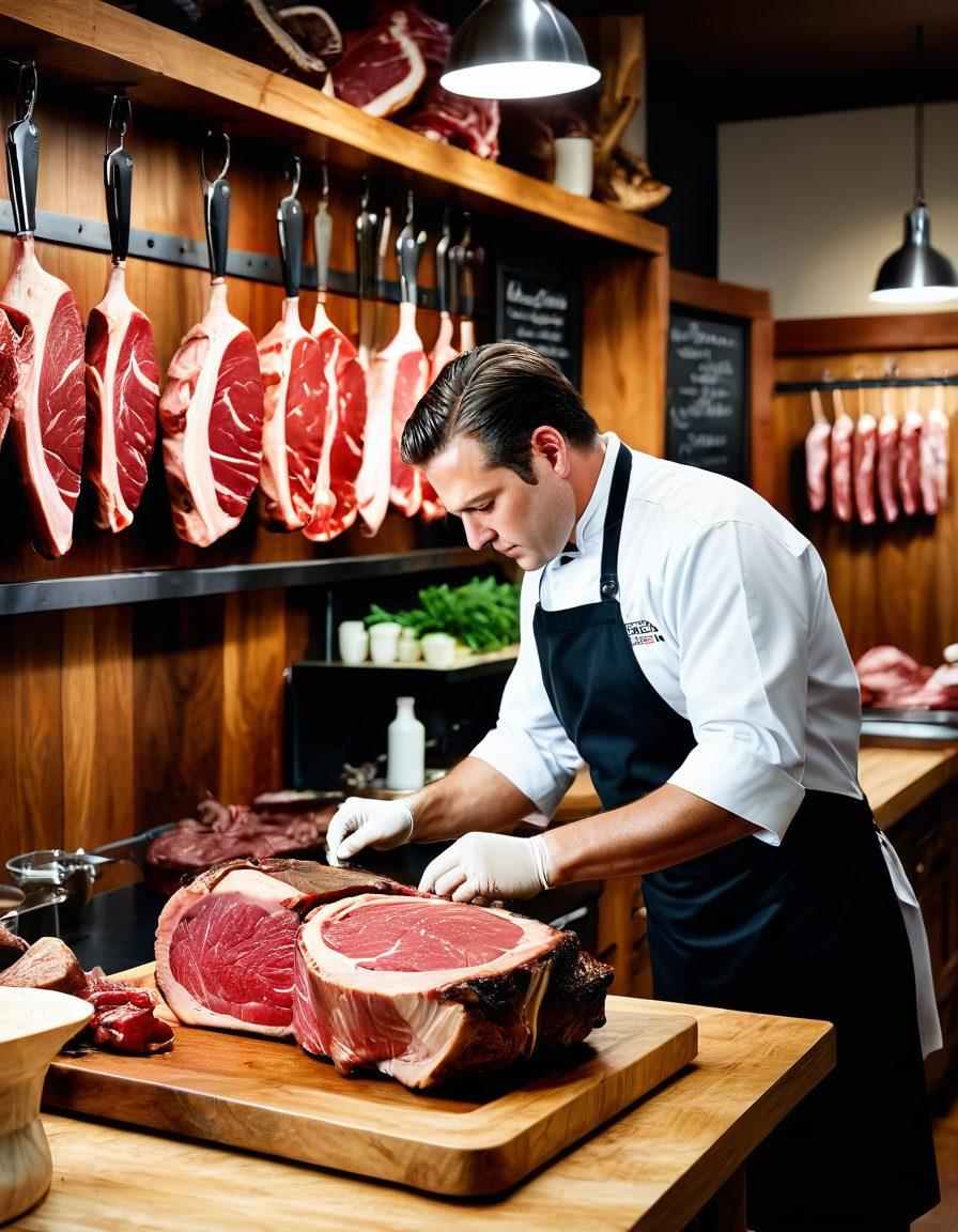 A bustling artisan butcher shop with gleaming metal tools, wooden cutting boards, and a showcase of premium cuts of meat; the butcher expertly carving a prime rib. Customers in the background, intrigued and excited, while rich textures of marbled meat and natural wood surfaces abound. Emphasize the care and precision in the craft. super-realistic. vibrant colors. 3D.