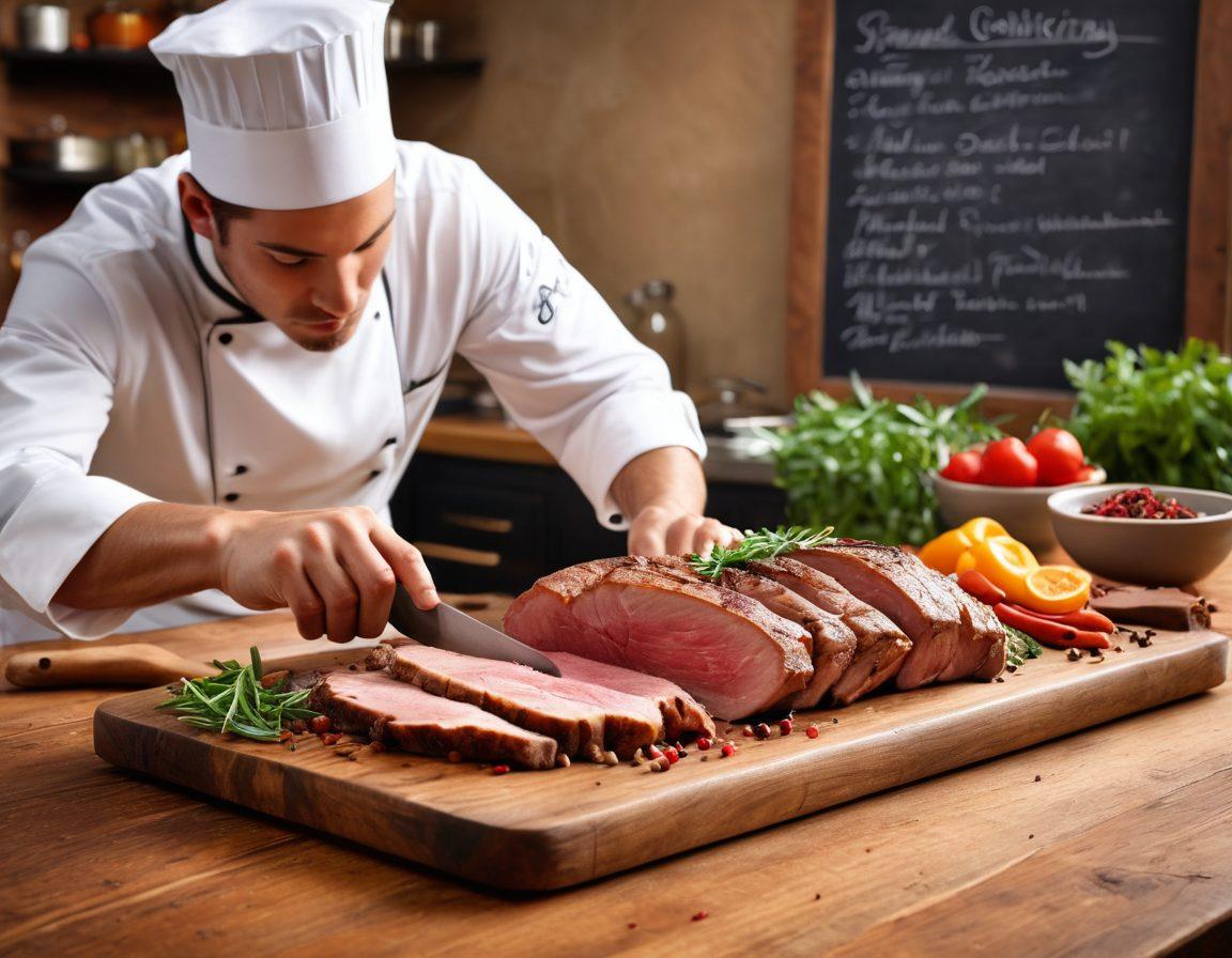 A professional chef in a sleek, modern kitchen, carefully slicing a premium cut of meat on a wooden board, surrounded by an array of gourmet spices and herbs. In the background, a chalkboard with creative meat cut diagrams and notes. Realistic textures highlight the freshness and quality of the ingredients. super-realistic. vibrant colors. warm lighting.